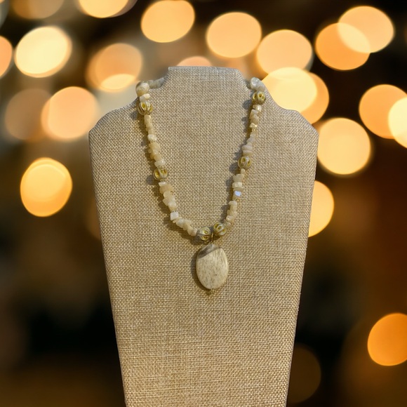 Rare yellow adventurine and scolecite necklace with lamp work beads and crystals - Picture 3 of 8